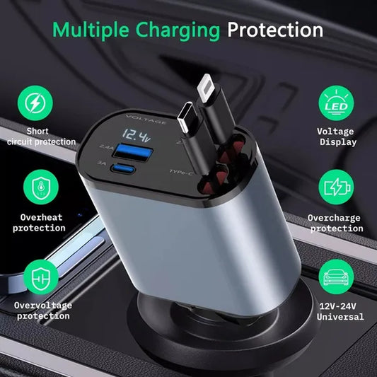 Car USB Cigarette Lighter Fast Charger (120W 4-Port Retractable Cable)