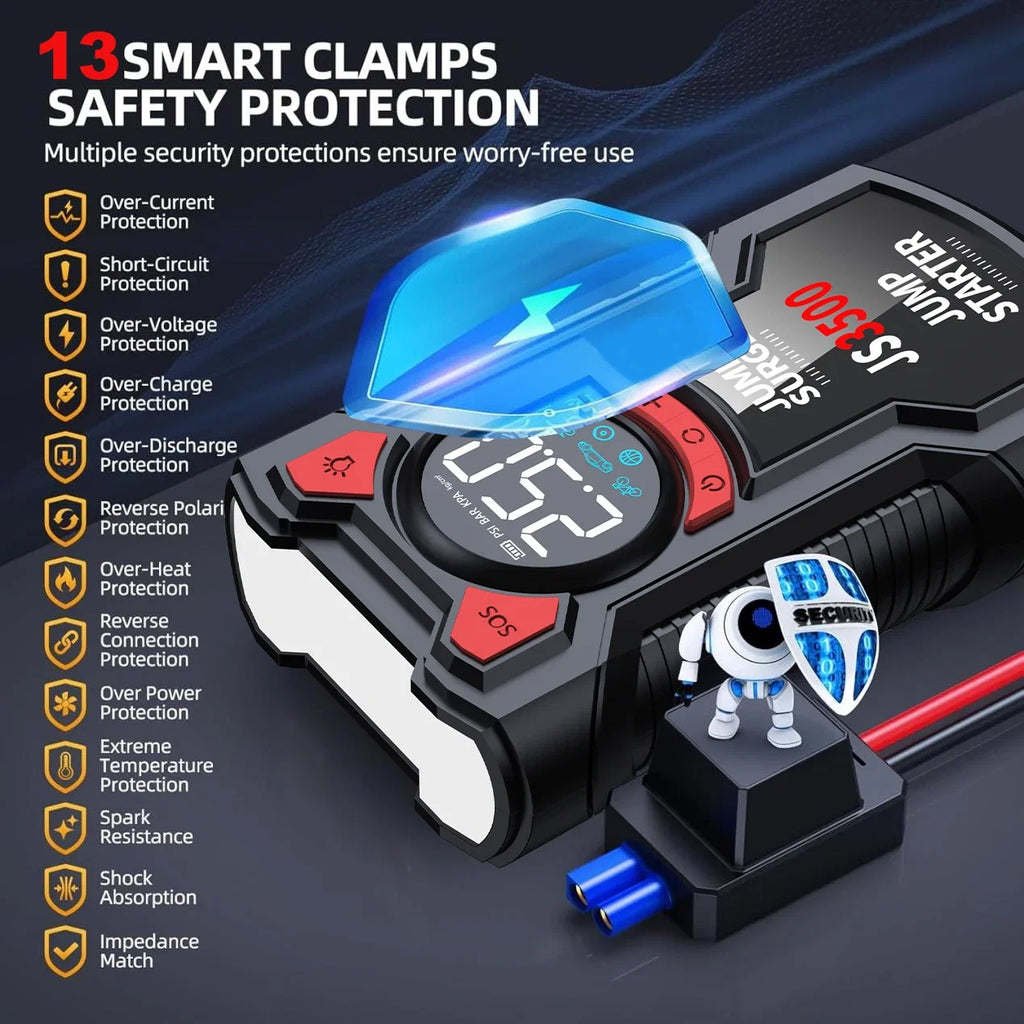 5-In-1 Multifunctional Air Pump Jump Starter with Air Compressor 3000A Peak/150Psi Battery Jump Starter Digital Tire Inflator