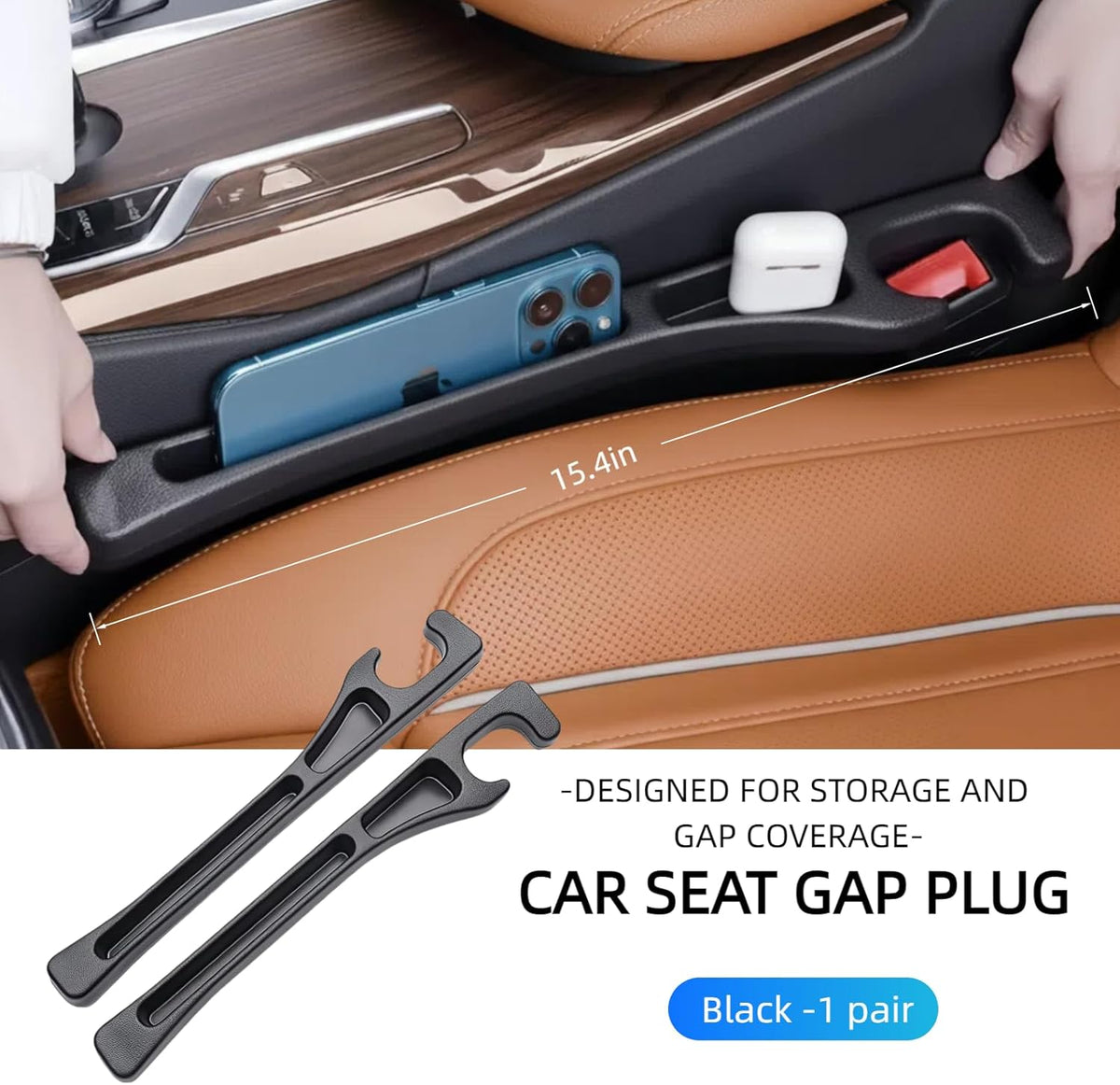 2 Pack Car Seat Gap Organizer, Seat Gap Filler Plug for Cars, Suvs & Trucks – Prevents Lost Items, Great for Rideshare, Daily Commute & Long Trips, Universal Fit PU Leather, Black