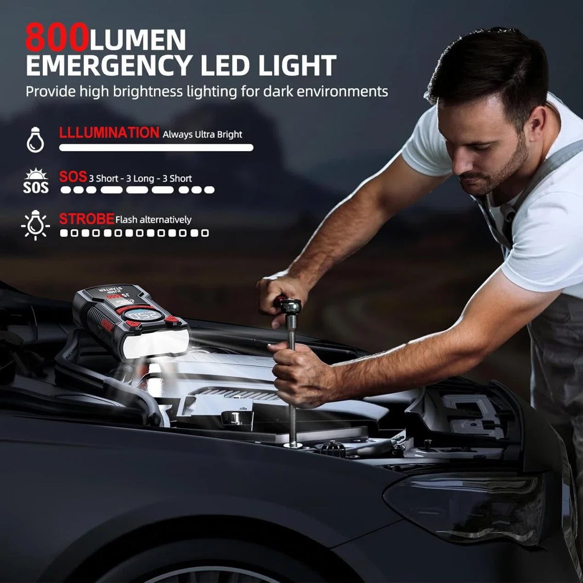 5-In-1 Multifunctional Air Pump Jump Starter with Air Compressor 3000A Peak/150Psi Battery Jump Starter Digital Tire Inflator