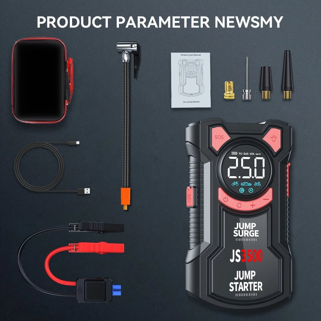 5-In-1 Multifunctional Air Pump Jump Starter with Air Compressor 3000A Peak/150Psi Battery Jump Starter Digital Tire Inflator