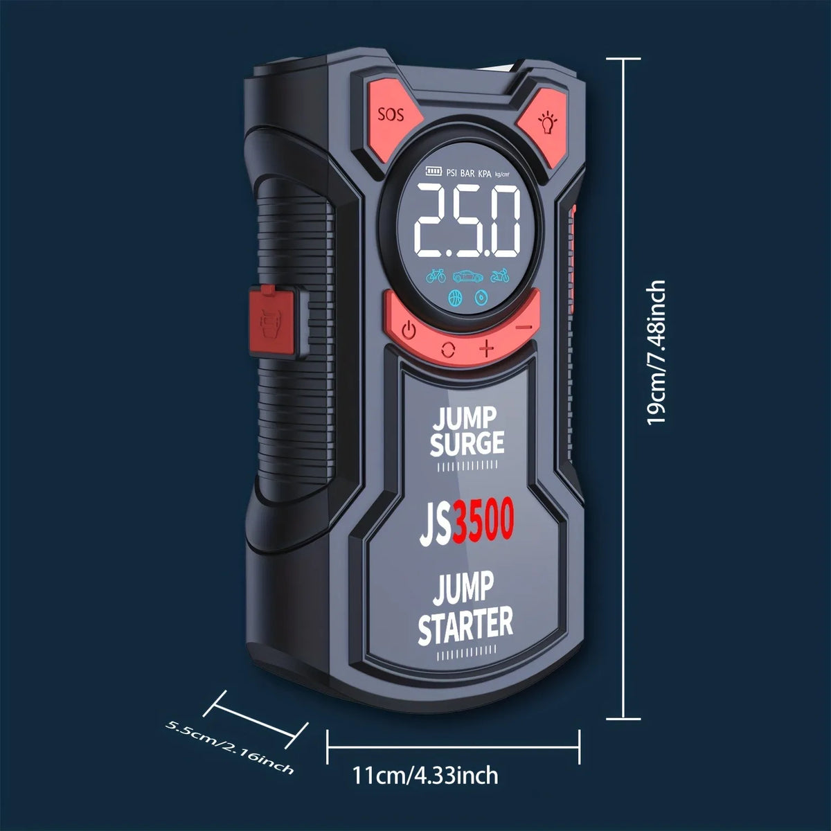 5-In-1 Multifunctional Air Pump Jump Starter with Air Compressor 3000A Peak/150Psi Battery Jump Starter Digital Tire Inflator