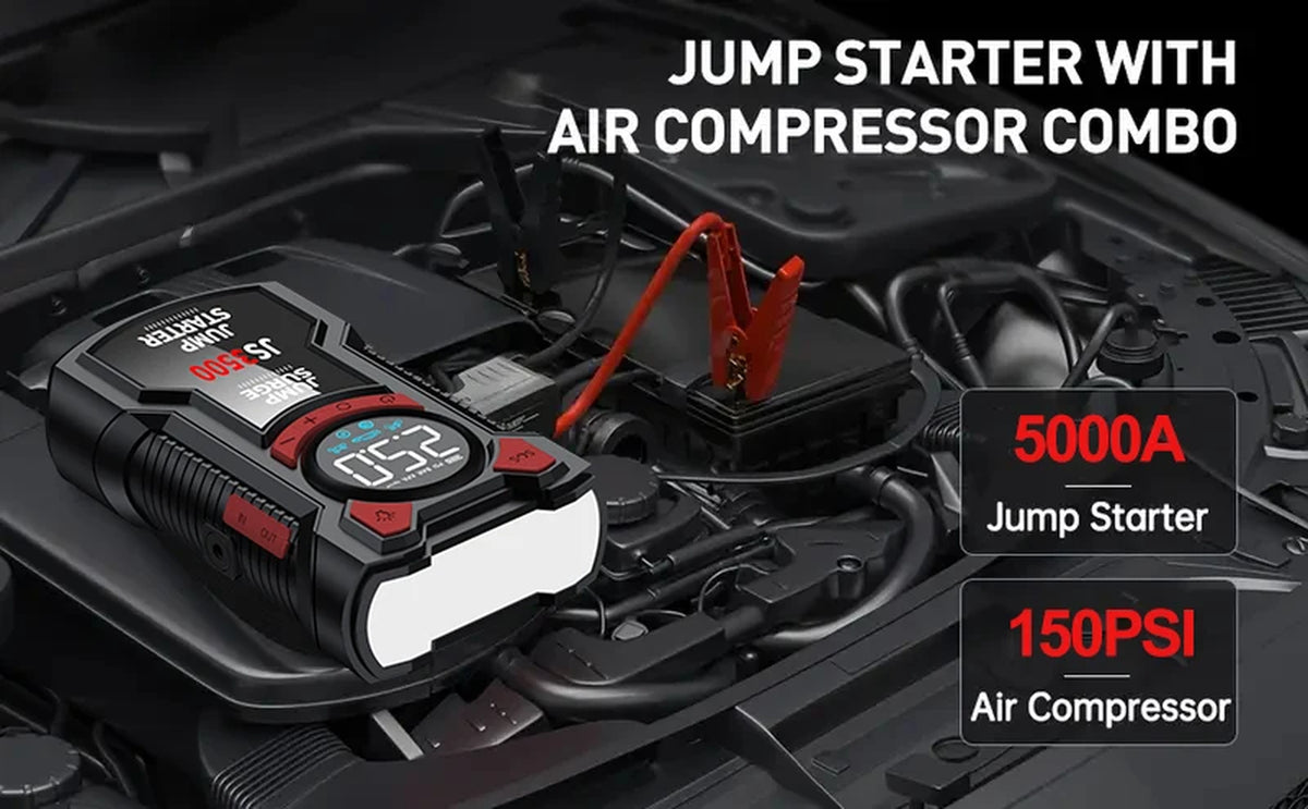 5-In-1 Multifunctional Air Pump Jump Starter with Air Compressor 3000A Peak/150Psi Battery Jump Starter Digital Tire Inflator