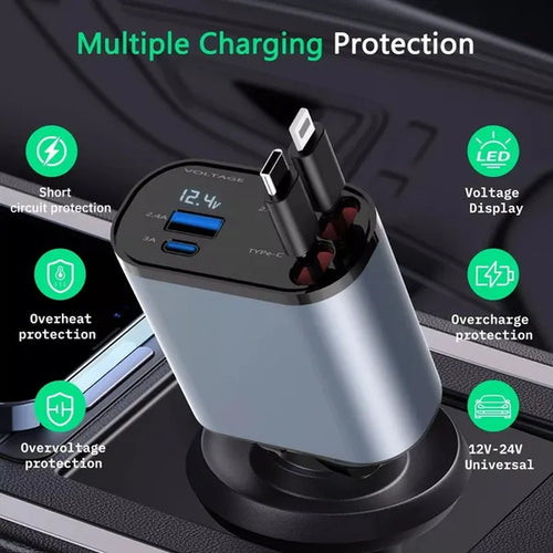 Car USB Cigarette Lighter Fast Charger (120W 4-Port Retractable Cable)
